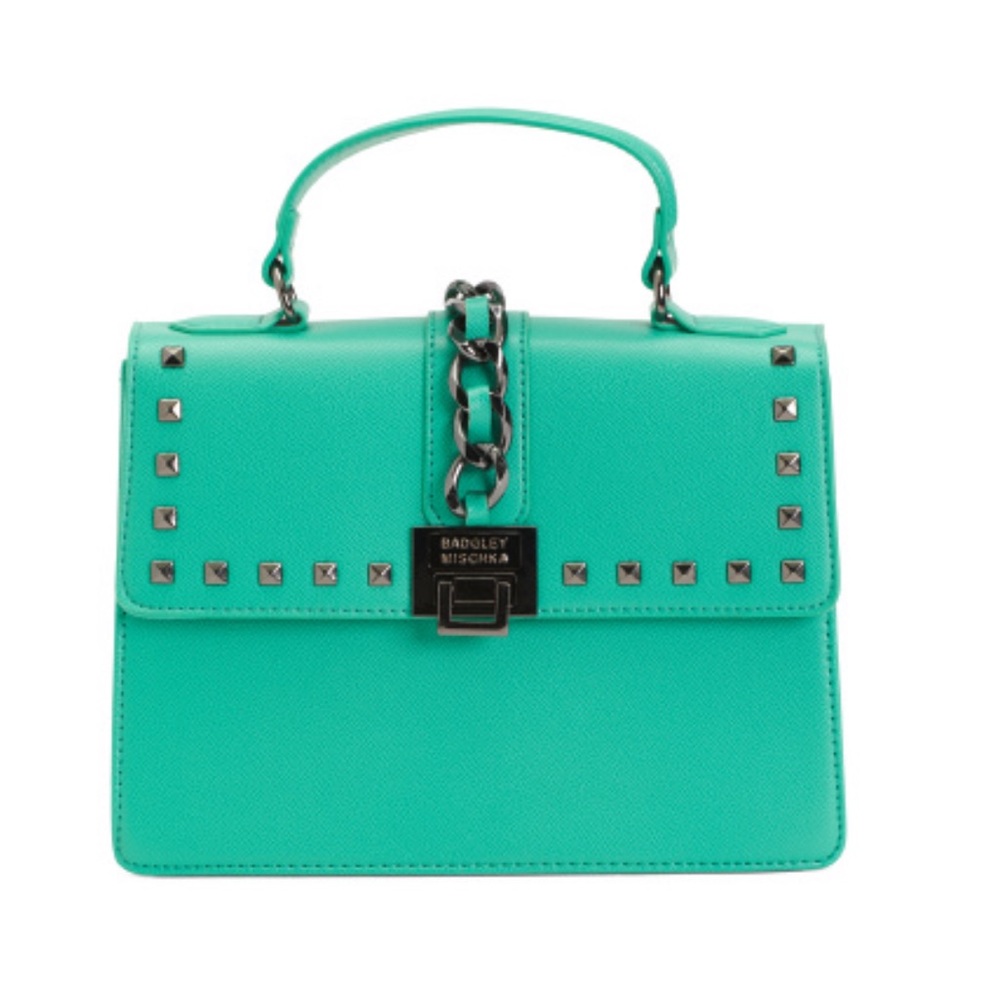 Badgley Mischka Green Half Flap Satchel With Stud Details